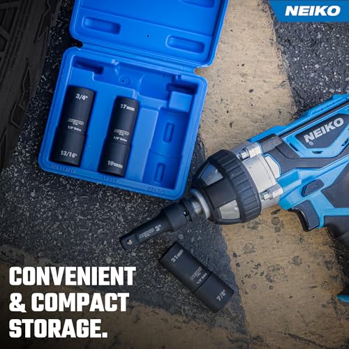 Image of NEIKO 02281B 1 /2 inch Drive Impact Flip Socket Set, Thin Wall Socket, 4 Piece Lug Nut Impact Socket Set, SAE and MM, 3 inch Extension Bar, Cr-Mo Steel, Impact Lug Nut Socket Set