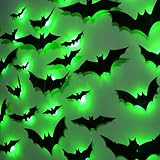DR.DUDU 36 Pack Bats Halloween Decorations- Light Up Bat Wall Stickers with Green LED, 3D Removable Window Decals for Indoor/Outdoor, Bathroom, Door, Home, Bedroom Halloween Party