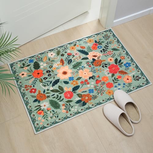 Door Mat Indoor Entrance 2x3 Rug Machine Washable Boho Floral Small Area Rug Non-Slip Low Pile Throw Rugs for Entryway, Kitchen, Front Door Indoor Entrance, Entry, Kids Room (Green)