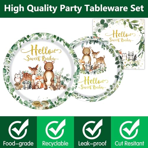 Woodland Baby Shower Party Supplies, Woodland Animal Baby Shower Decorations Include Plates, Napkins, Forks, for Animal Theme Woodland Creatures Party Decorations, Serve 24 - Thumbnail 3