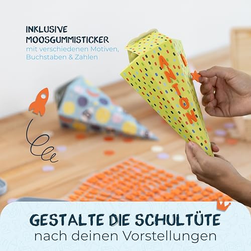 Amari ® Schultüten Bastelset 3er-Set – Schultüte Jungen & Mädchen aus stabilem Karton (350 g) – mit Moosgummi-Stickern – Mini Zuckertüten zum Selber Basteln – Schulanfang DIY