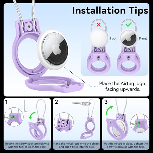 Image of Meliya at Holder for Apple at Secure Holder with Wire Cable, 4 Pack Air Tag Lock Case Keychain Key Ring Key Chain Luggage Tag for Keys, Luggage & More - Purple