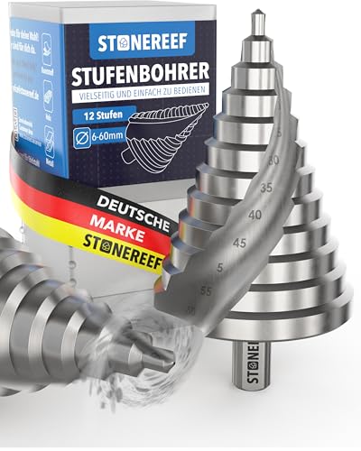 Stufenbohrer 6–60 mm aus HSS 4241 – Spiralnut mit 12 mm Schaft – Kegelbohrer Schälbohrer für Metall Kunststoff Holz – extra großer Lochbohrer für präzise Bohrungen