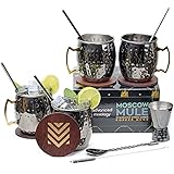 Advanced Mixology Stainless Steel Moscow Mule Cups Set of 4 (18oz), Chrome Black Gunmetal Finish w/ 4 Straws, 4 Coasters, 1 Jigger, 1 Spoon & 1 Brush | Heavy Duty Moscow Mule Mugs w/ No Lining
