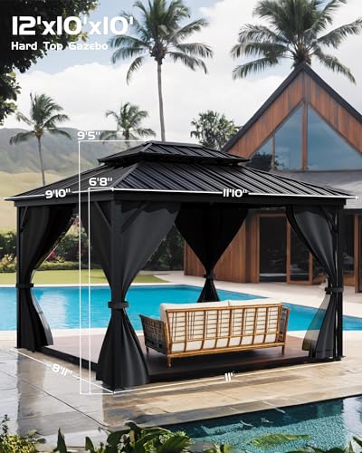 Hardtop Gazebo 10'x12' for All Weather, with Waterproof Double Metal Roof, Aluminum Alloy Frame, Net, and Curtain, Permanent Building for Patio, Deck, Backyard, Lawn, and Garden, Gray