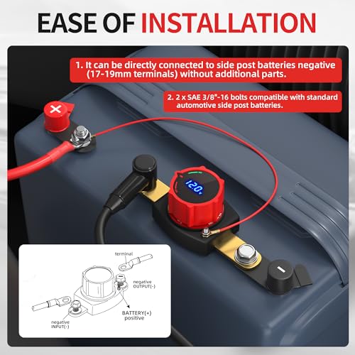 Image of Joinfworld Side Post Battery Disconnect Switch 12V-48V with Led Voltmeter Display, DC 5-60V Battery Kill Switch Waterproof Marine Battery Cut Off Switch 12 Volt for Car RV Boat ATV UTV Vehicles