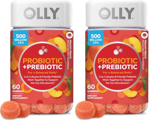 Image of OLLY Probiotic + Prebiotic Gummy,Digestive Support and Gut Health,500 Million CFUs,Fiber,Adult Chewable Supplement for Men and Women,Peach,60 Day Supply -,60 Count (Pack of 2)