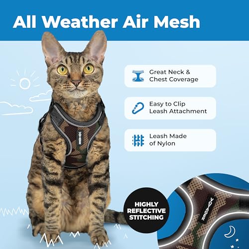 Image of Voyager Escape-Proof Step-in Lock Cat Harness & 5ft Neoprene-Handle Leash Set All-Weather Mesh with Reflective Stitching for Small to Large Cats by Best Pet Supplies, Army (327), XS