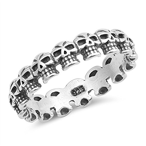 Oxidized Skull Eternity Stackable Biker Ring 925 Sterling Silver Band Size 6