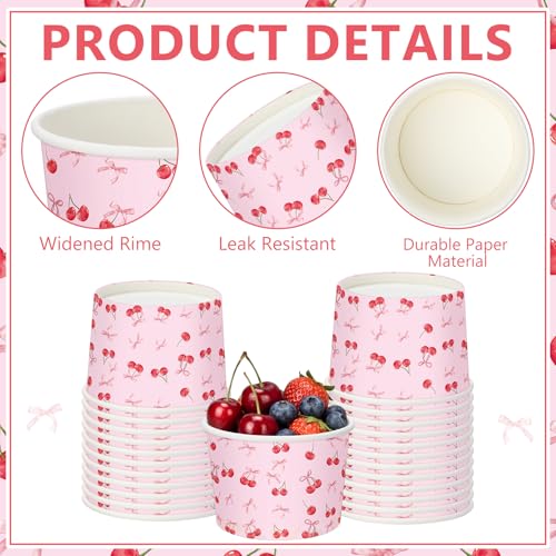 Image of Funnymoom 50 Pack Cherry Bow Ice Cream Cups 9 oz Pink Bow Cherry Disposable Dessert Bowls Coquette Paper Soup Bowls Snack Cups for Hot or Cold Food for Baby Shower Wedding Bachelorette Birthday Party