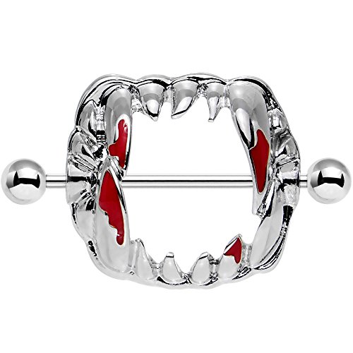Body Candy Stainless Steel Barbell Dripping Red Vampire Fangs Nipple Shield Set of