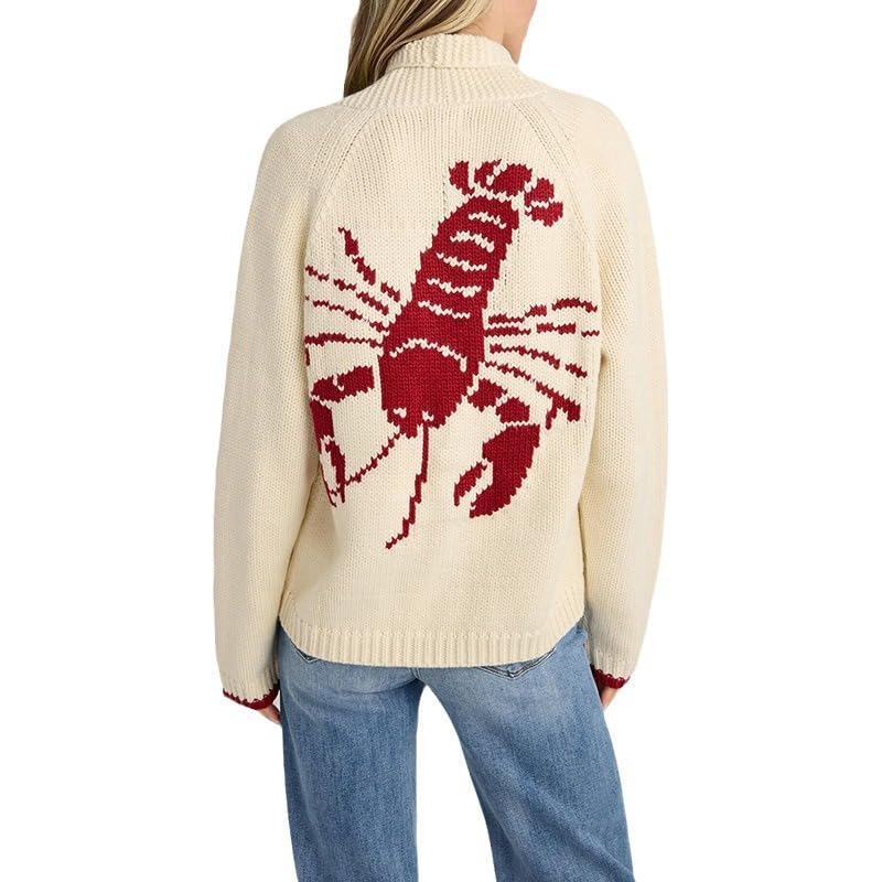 Womens Casual Shawl Collar Cardigan Sweater Long Sleeve Lobster Print Button Down Knitwear for Fall Winter