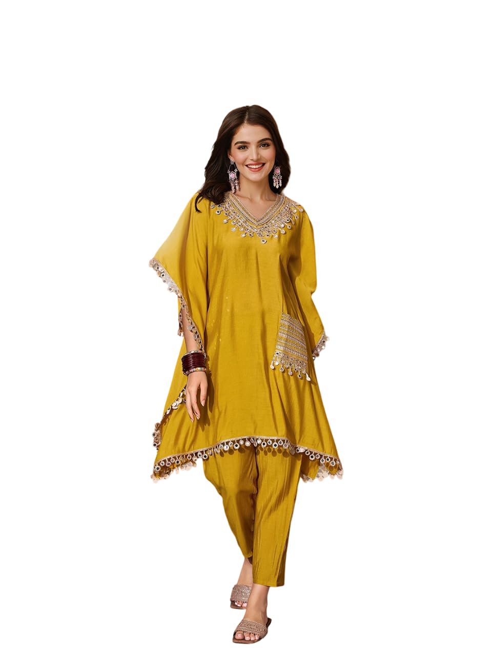 Women Mustard Embellished Zari Work Kaftan with Solid Pants