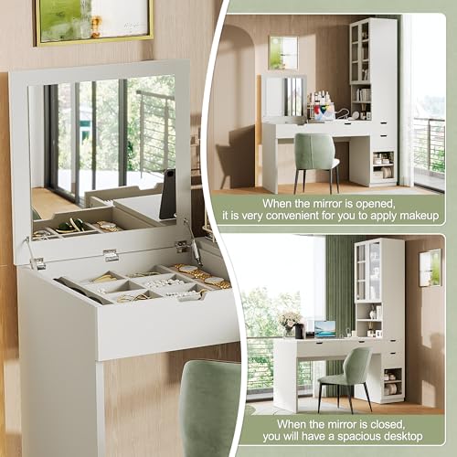 Image of JIVOIT Vanity Desk with Mirror, Versatile Makeup Dressing Table with 8 Hidden Storage Compartments, 3 Drawers, 2 Cabinets and Open Shelves, Glass Door, Computer Desk for Home Office