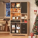 QXJVA Armario de cocina grande negro estilo granja 185 cm armario alto vintage buffet armario con puertas de cristal armario de almacenamiento con encimera armario vitrina con cajones para comedor