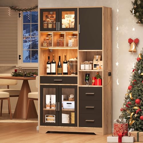 QXJVA Armario de cocina grande negro estilo granja 185 cm armario alto vintage buffet armario con puertas de cristal armario de almacenamiento con encimera armario vitrina con cajones para comedor