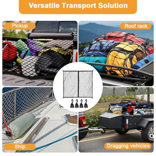 Image of STHIRA Truck Bed Cargo Net with 4 Hooks, Heavy Duty Stretch Mesh Cargo Net for Pickup Truck Bed, Elastic Load Restraint Net for Load Securing, Travel Gear, Equipment and Outdoor Transport, 120x120cm