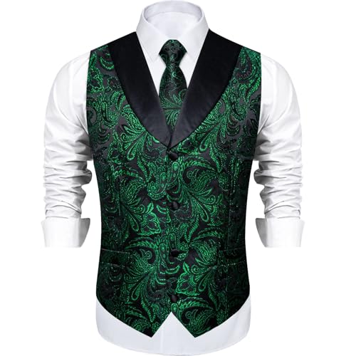 Image of DiBanGu Mens Paisley Suit Vest Silk Jacquard Waistcoat and Necktie Set Formal Shawl Collar Dress Vest 7PCS for Wedding Party