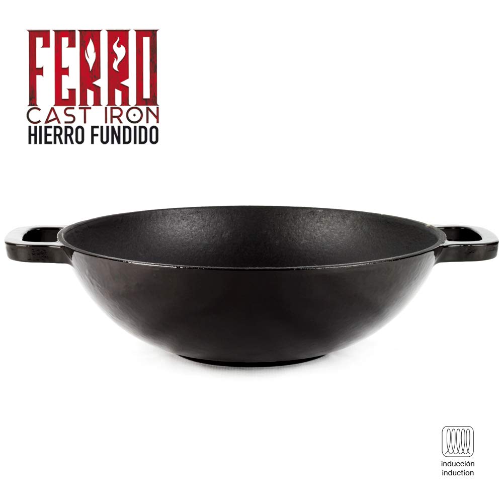 MGF Ferro - Wok Czarny 30 cm, Żeliwo, Optymalne Zatrzymywanie i Rozprowadzanie Ciepła, Do Wszystkich Rodzajów Kuchenek, Indukcja, Wolny od PFOA i PTFE