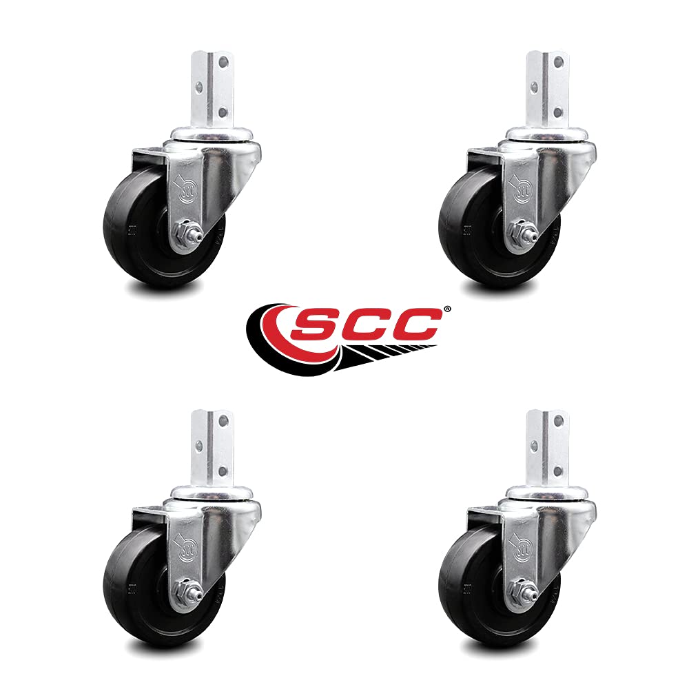 Swivel Square Stem Caster Set 4 w/3” x 1.25” Black Soft Rubber Wheel - 3/4” x 2” Square Stem with (3) 17/64” Diameter Mounting Holes - Includes 4 Swivel - 700 lbs. Cpty/Caster - Service Caster Brand