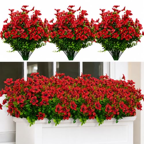 HBell 12 Bundles Outdoor Artificial Flowers UV Resistant Fake Boxwood Plants Faux Plastic Greenery for Indoor Outside Hanging Plants Garden Porch Window Box Home Wedding Decor (Red)