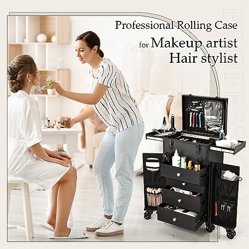 Joligrace Professional Rolling Makeup Case 4 Drawers Pro Makeup Artist Cosmetic Train Case Hairstylist Travel Case Portable Make Up Station with Multiple Compartments Extra Large - Black