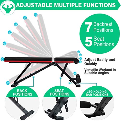 LINODI Adjustable Weight Bench, Workout Bench for Home Gym, Multi-Purpose Strength Training Benches, Foldable Incline Decline Gym Bench for Full Body Workout