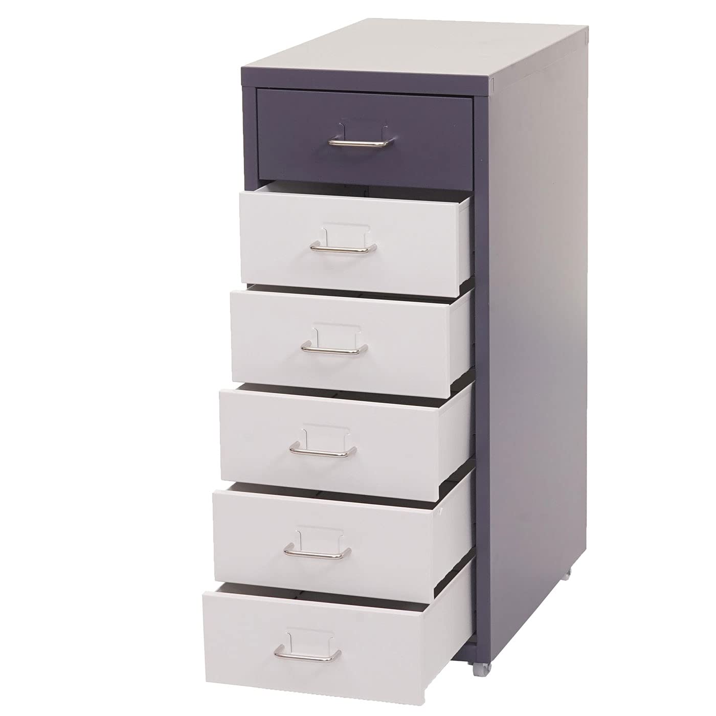 Mendler Cajonera con ruedas Boston T851, armario de acero, 69 x 28 x 41 cm, 6 cajones, gris oscuro, blanco y gris oscuro