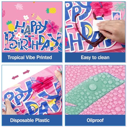 Image of Oudain 5 Pcs Cartoon Birthday Party Disposable Tablecloth Decoration Hawaiian Hibiscus Tropical Leaves Pattern Table Cloths 108'' x 54'' Luau Plastic Waterproof Rectangular Covers for Party (Pink)