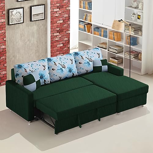 Image of Orland 4 Seater LHS L Shape Sofa Cum Bed for Living Room | Color - Green | Premium Fabric Sofa