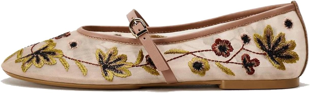 MRKEWUNEY Mesh Ballet Flats for Women Embroidered Floral Round Toe Mary Jane