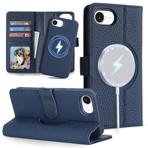 Image of Detachable Genuine Leather Case for iPhone 16e / iPhone 17e Wallet Case Magnetic 2in1 Removable Flip Cover Book Purse Compatible with Magsafe Charging Kickstand Card Holder-Navy Blue2