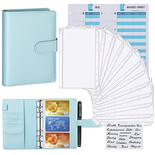 Housolution Carpeta de Cuero PU 6 Anillos, Archivadores A6 con Bolsillos Transparentes Impermeable Cremallera 12 Hojas Presupuesto Funda Tarjeta Etiqueta Categoría para Oficina Escuela, Azul Claro