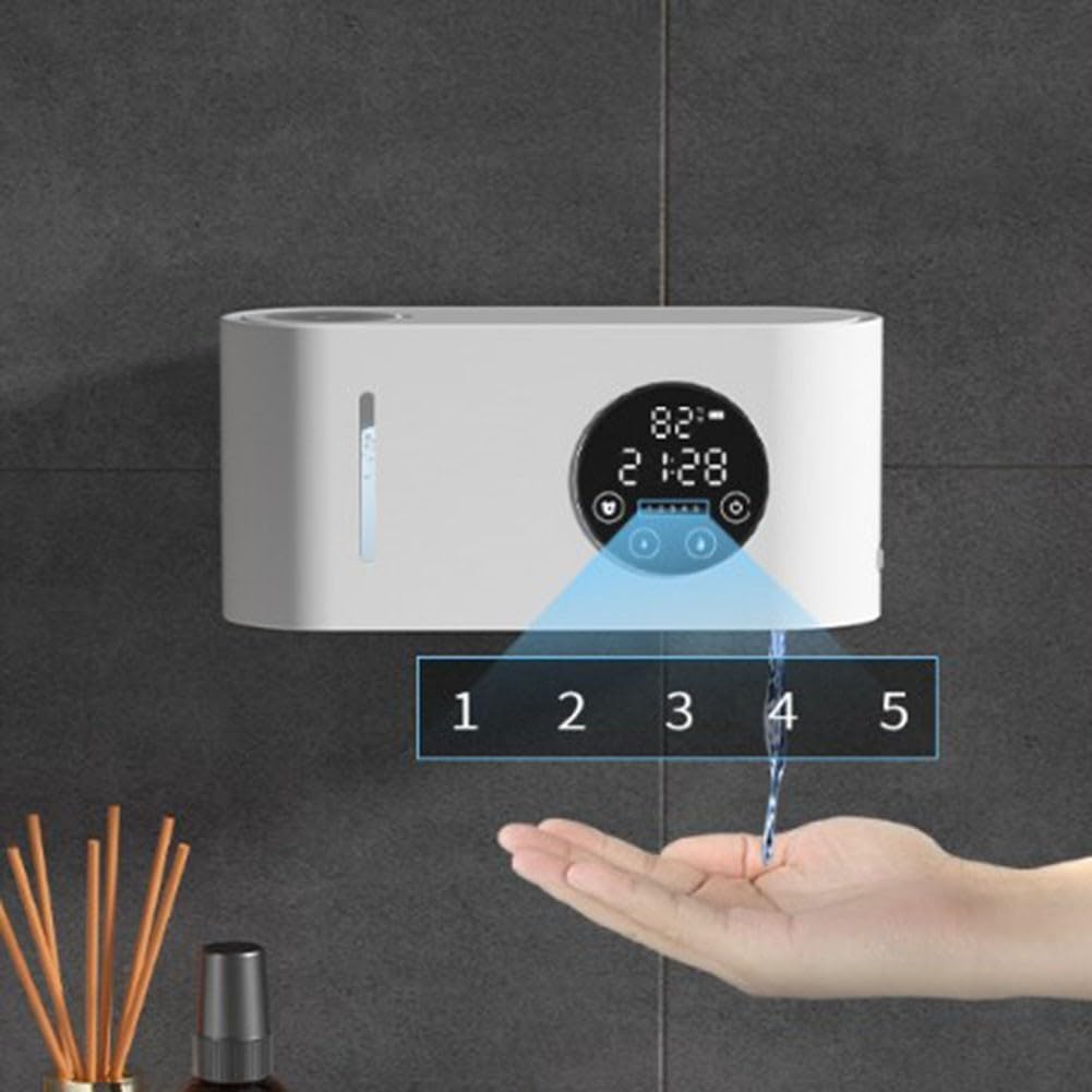 Dispenser di sapone intelligente touchless, montaggio a parete, con display digitale, monitor della temperatura, uscita in schiuma regolabile, ricaricabile tramite USB, capacità 500 ml, per bagno e