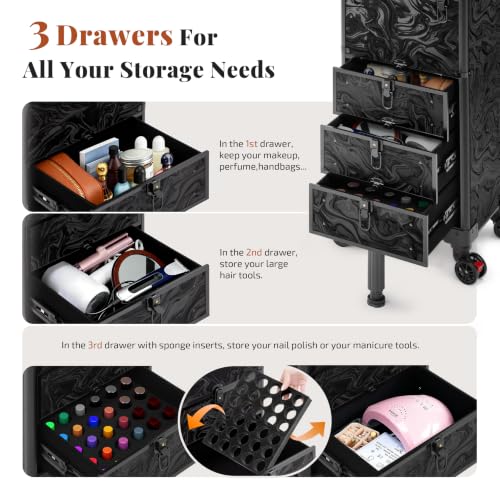 Image of Rolling Makeup Train Case with Drawers Cosmetology Case on Wheels | 4 in 1 Large Cosmetic Organizer for Hairstylist,Makeup Artist Nail Trolley Cart Salon Storage Traveling Cart Trunk