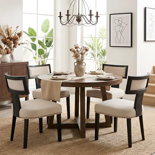 Image of HNY Mid Century Modern Dining Chairs Set of 4, Farmhouse Linen Fabric Upholstered Accent Chairs Curved Nailhead Trim Backrest Kitchen Chairs, with Black Hardwood Frame, Beige