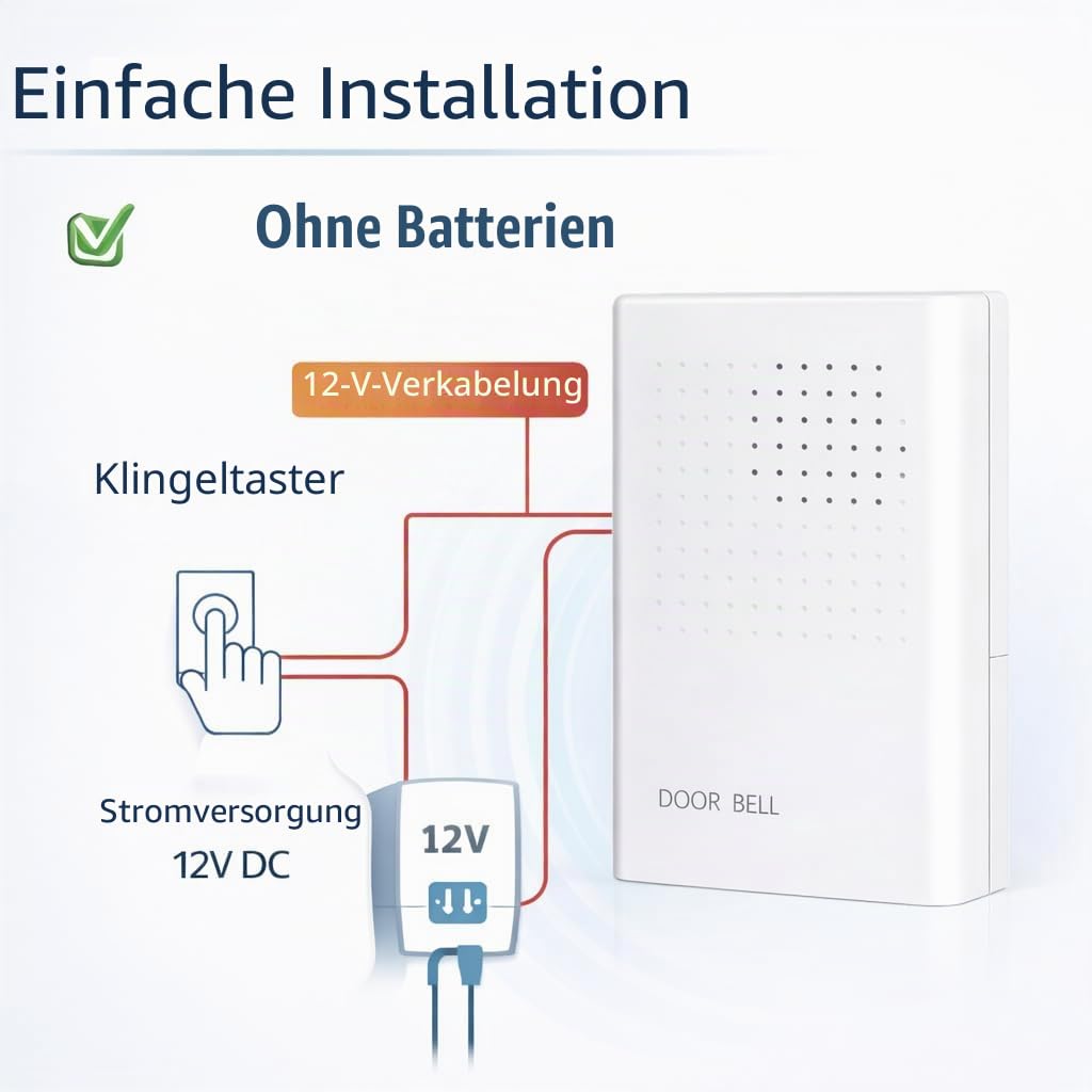 RASMACOR - Kabelgebundene 12V Türklingel Ding Dong – Elektrische Klingel für Haustür, Klarer Klang, Einfache Installation, Ohne Batterien, Robustes ABS, Türklingel für Haus, Wohnung und Büro