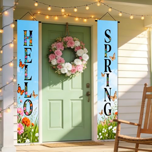 Image of Nuxovilar Hello Spring Butterfly Porch Banners 12x70 Inches Polyester