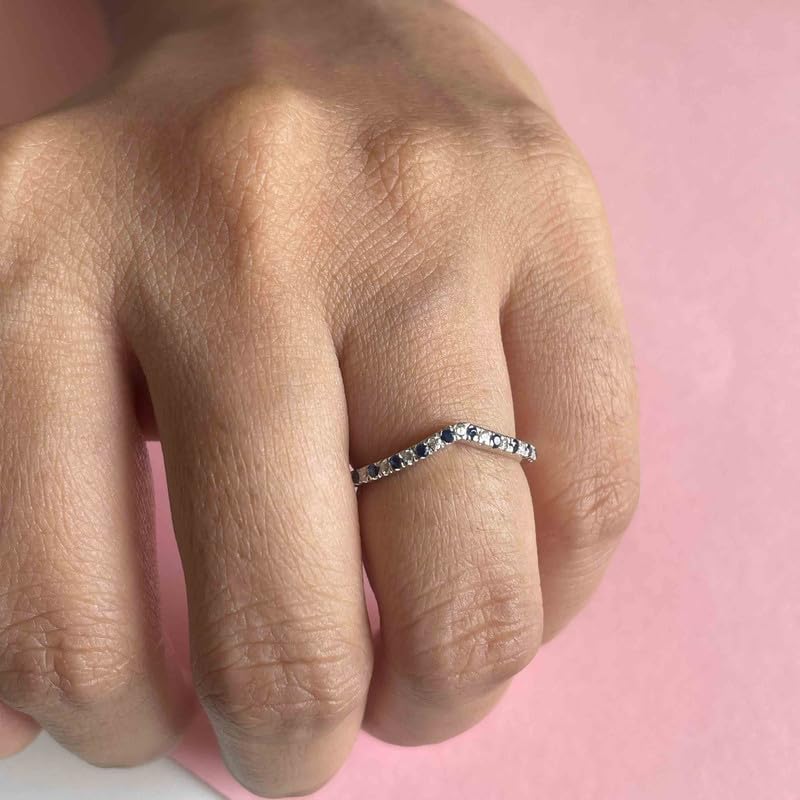 Alternate Blue Sapphire & White Diamond Chevron V Shape Wedding Band For Women, 14k Yellow Gold Finish Blue Sapphire Matching Contour V Shape Anniversary Ring2