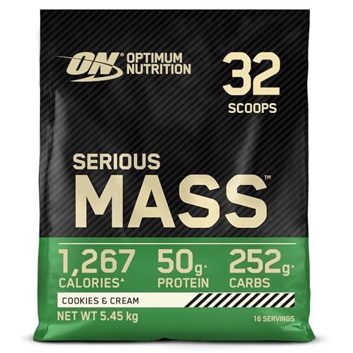 Optimum Nutrition Serious Mass Protein Powder High Calorie Mass Gainer with Vitamins, Creatine and Glutamine, Cookies and Cream, 16 Servings, 5.45 kg, Packaging May Vary