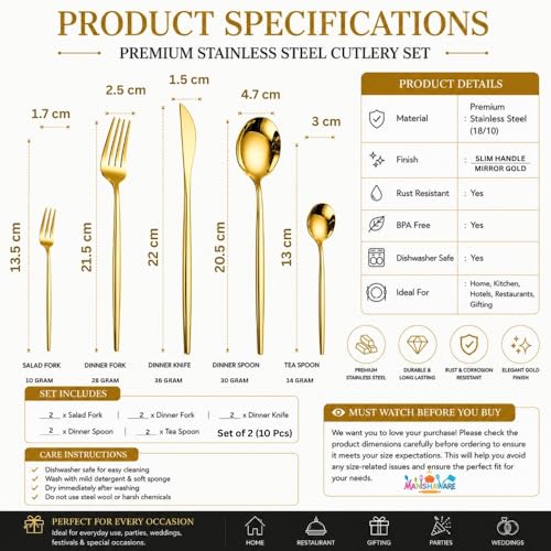 Image of Slim Handle Gold 10 Pcs Stainless Steel Cutlery Set for Dining Table, Dishwasher Safe Glossy Flatware (2 Spoon Set+2 Forks Set+2 Butter Knife+2 Dessert Spoon+ 2 Fruit Fork)