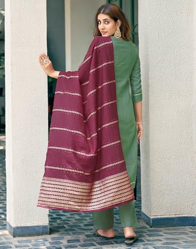 Image of SIRIL Women's Cotton Blend Sequence Embroidery Straight Kurta Pant with Dupatta Set