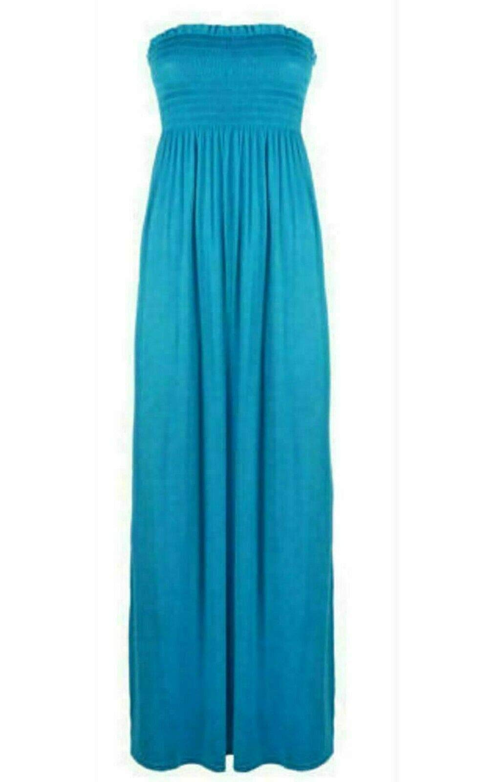 FAIRY TRENDZ LTD Womens Plain Shirred Bandeau Strapless Ladies Ruched Long Boob Tube Jersey Summer Maxi Dress Sheering Maxi Maxy(Turquoise UK 16-18)