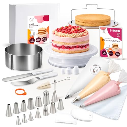 Happy Lemuro Torten Zubehör Set mit Premium-Spritztüllen & Spritzbeutel | Tortenring drehbare Tortenplatte Tortenschneider & vielseitiges Backzubehör Kuchen Zubehör Set für Teenager & Erwachsene