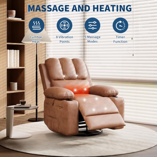 Image of GarveeHome Swivel Rocker Recliner Chair with Heat and Massage | Manual Leather Nursery Glider Recliner for Adults, Rocking Chair with Side Pocket, Soft Pillow, Cup Holders for Living Room