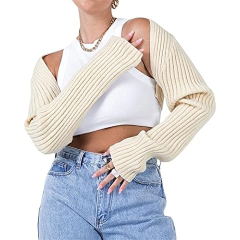 Alaurbeauty Women Y2K Crochet Shrug Sweater Long Sleeve Knit Crop Tops Drop Shoulder Bolero Cardigan Sexy Patchwork Shrug Top (A-Beige, S) Cover