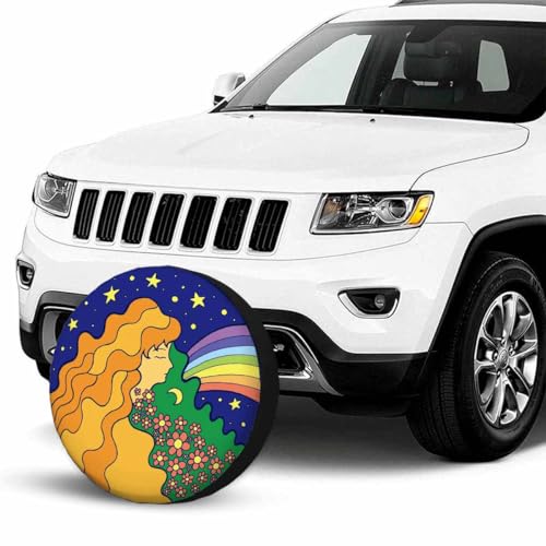 Image of Girl Stars Moon Night Sky and Rainbow Spare Tire Cover Psychedelic Hippie Girl with Golden Hair Wheel Covers for RV Tires Camper Tire Case Protectors for Trailer Rv SUV Truck Travel Trailer 15 in