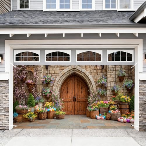 Image of Spring Castle Door Garage Cover 157x70 inch Floral Baskets Colorful Eggs Stone Arch European Outdoor Mural Banner Waterproof Home Decor