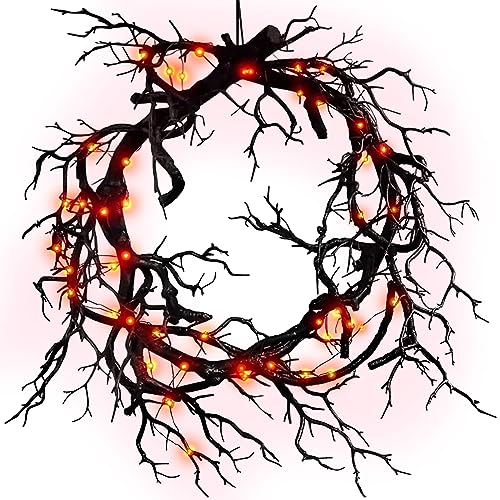 Halloween Black Branch Wreath Signs for Front Door with Lights Handcrafted Halloween Horror Wreath for Indoor Outdoor Party Window Wall Decor Farmhouse Garland Yard (Red Light)