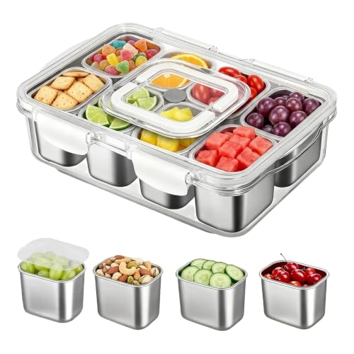 UNIVERTEN Snackbox mit 8 Edelstahl Fächern Tragbar Snack Aufbewahrungsbox mit Deckel und Griff Auslaufsicherer Snackdose Organizer für Snacks Süßigkeiten Keksen Dessert GemüseNüsse Obst Gewürze
